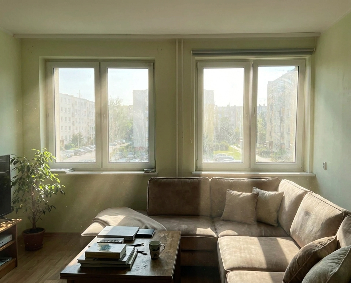 Salon z widokiem na osiedle