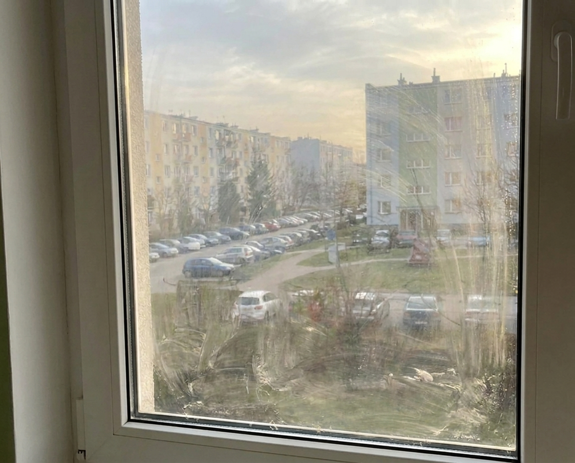 Okno z widocznymi smugami pod kątem światła